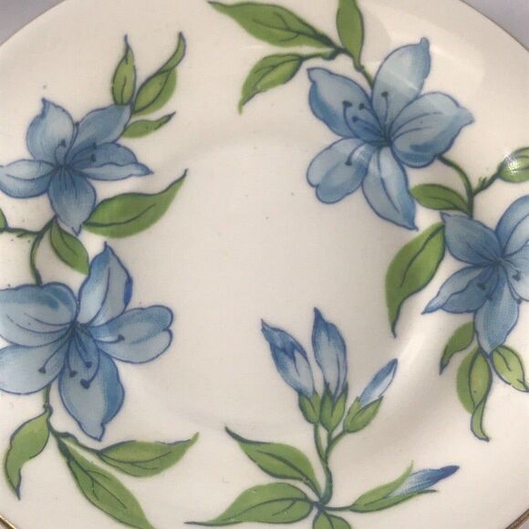 Royal Chelsea Demitasse Coffee Tea Cup Saucer w Blue Lillies Lily VTG - Picture 4 of 12